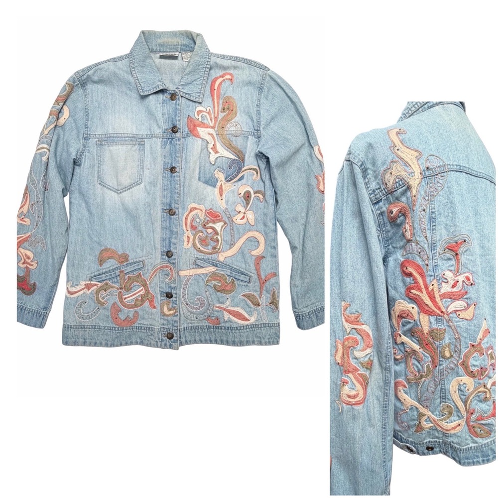 Y2K Chicos Embroidered Cotton Denim Medium Women Jacket Boho Artsy Festival
